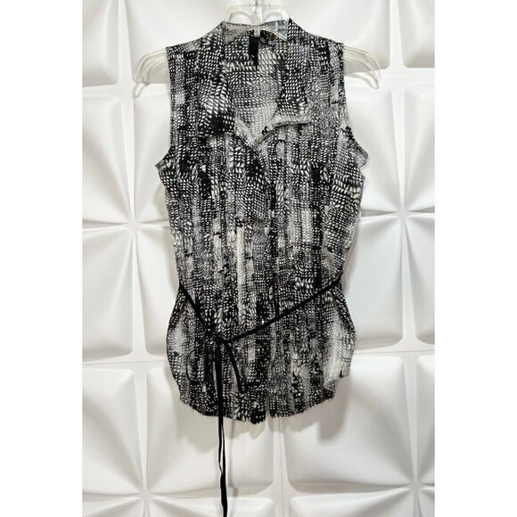 Edun Sz S 100% Silk Belted Monochrome Abstract Reptile Print Sleeveless Blouse - Picture 3 of 11